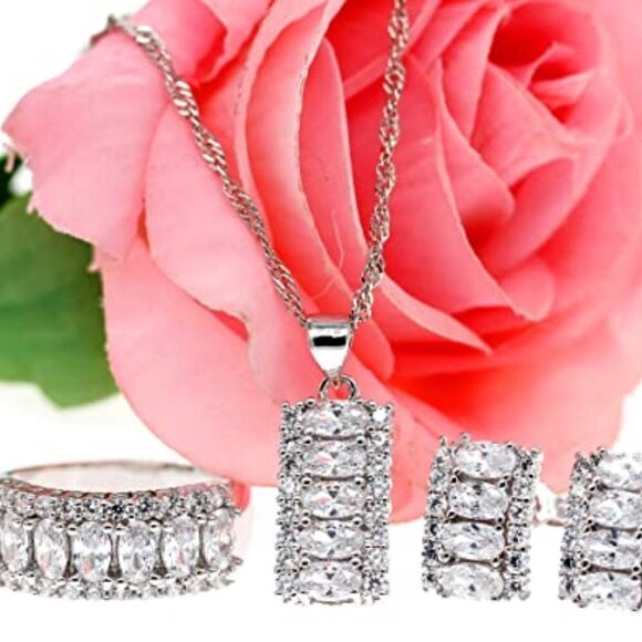 Crystal Necklace Earring Ring Set CZ Cubic Zircon Rhinestone Necklace Earrings - Picture 8 of 8
